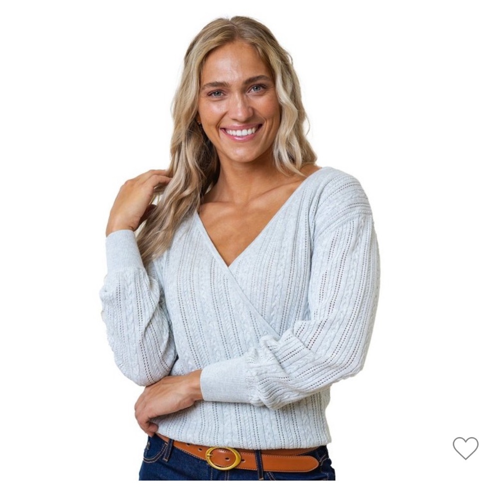 Light Gray V-Neck Wrap-Style Cable Knit Long Sleeve Top